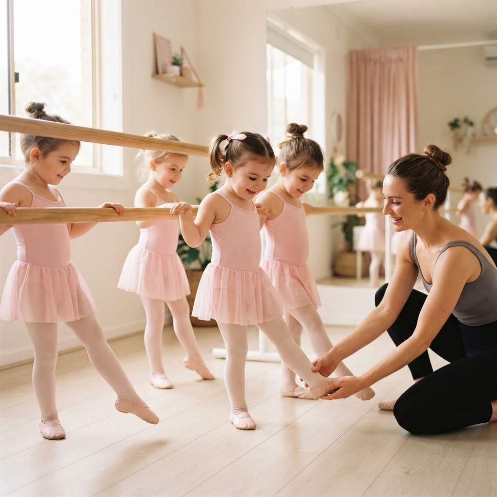 Young girls learning first positions at the ballet barre
